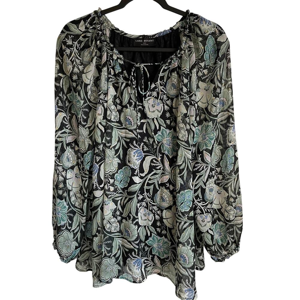 Lane Bryant Lurex Ruffle Detail Blouse Sz 18/20 Tie V-Neck Floral Feminine